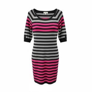 Pink Rose Striped Sweater Dress Large Black Gray Hot Pink 3/4 Sleeve